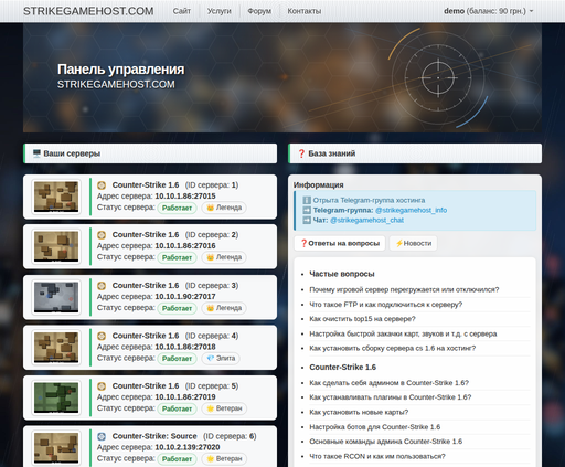 Демонстрация панели управления StrikeGamehost